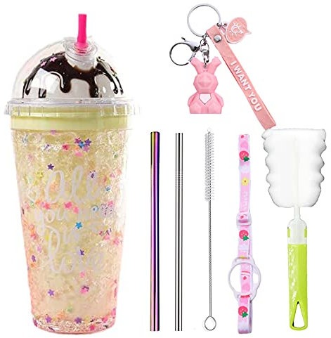 Vaso de viaje para helado con pajita para beber, congelador, taza helada, regalo para fiesta de cumpleaños (amarillo helado, 450 ml)