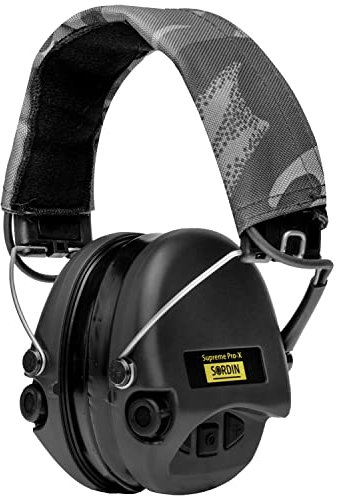 ACE Sordin Pro-X Aktiver Kapsel-Gehörschutz - EN 352 - mit Night-Camo-Stoffband, Gelkissen & schwarzen Kapseln