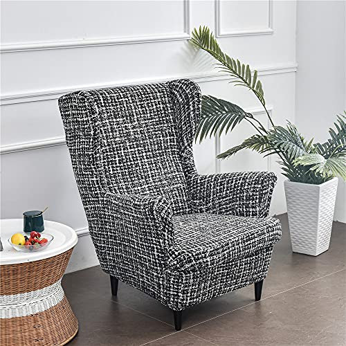 Highdi 2 Teilig Ohrensessel Überzug, Sessel-Überwürfe Ohrensessel Schonbezüge Bezug Sesselhusse Elastisch Stretch Tiger Stuhlbezug mit Armlehne Hohe Rückenlehne Universal (Baumwolle Leinen schwarz)