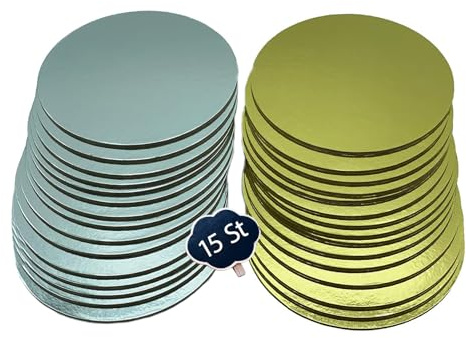 KITCHENDREAM Cake Board Set, Tortenunterlage, Gold und Silber, 3 mm dicke Pappe, zum Servieren, Transportieren und Stapeln von Torten und Kuchen, Lebensmittelechte Beschichtung, 15 Stk. x 32cm