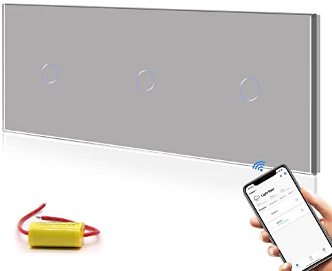 BSEED Smart Lichtschalter 1 Fach 1 Weg Dreifach WIFI Smart Lichtschalter Kompatibel mit Alexa,Google Home, Glas Touchscreen-schalter Grau 228mm (kein Neutralleiter benötigt)