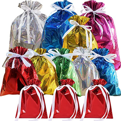 POPOYU 12 Stück Geschenkbeutel Weihnachten Große,Weihnachten Drawstring Geschenk Taschen,Geschenktüten Bunt Foile,Geschenk Taschen Goody Bag für Weihnachten Geburtstag Party Urlaub Geschenk Verpackung