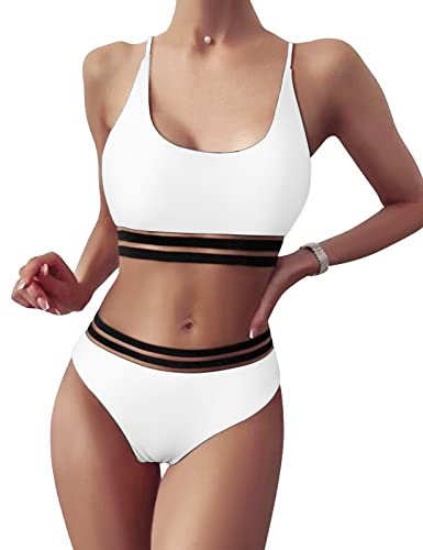 TOMEEK Damen Bikini Set mit Mesh Zweiteilig Badeanzug Push up Gepolstert High Cut Sport Bademode Hohe Taille Bikinis für Frauen(Weiß,M)