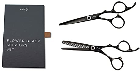 E-Kwip Flower Friseurscheren Set - 5,5 Zoll Schneide- & Modellierschere aus Japanstahl - titanbeschichtet in schwarz