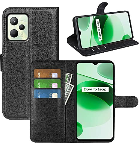 Fertuo Hülle für Realme C35 / Realme Narzo 50A Prime, Handyhülle Leder Flip Case Tasche mit Standfunktion, Kartenfach, Magnetschnalle, Silikon Bumper Schutzhülle Cover für Realme C35, Schwarz