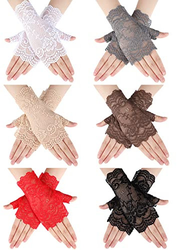 6 Paar Damen Spitzenhandschuhe Fingerlose Blumen Handschuhe Kurze Fingerlose Handschuhe für Braut Hochzeit Opera Tee Party, Schwarz, Grau, Weiß, Braun, Rot, Beige, Einheitsgröße