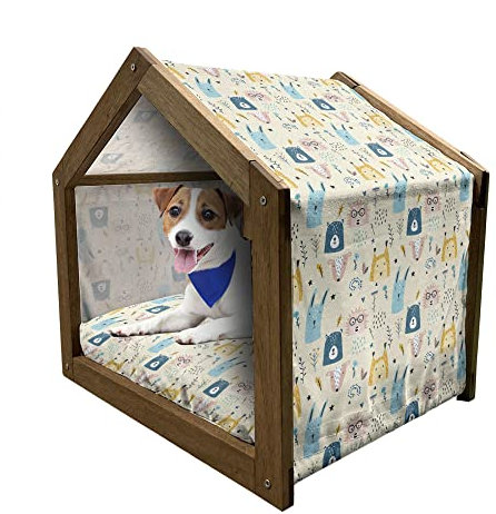 ABAKUHAUS Jungle Nursery Hundehütte aus Holz, Lustige Baby-Tiere, tragbare Hundehütte für drinnen und draußen mit Kissen und Abdeckung, 72 cm x 100 cm, Sahne und Multicolor