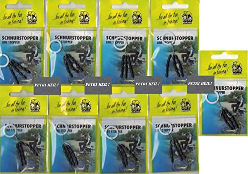 Set: 9 Packungen Behr (135 Stück) Posenstopper Angeln Schnurstopper Gummistopper Schnurstopper Größe,mini, klein, M von Behr + gratis Petri Heil! Aufkleber (klein für Schnurstärke 0,20-0,28mm)