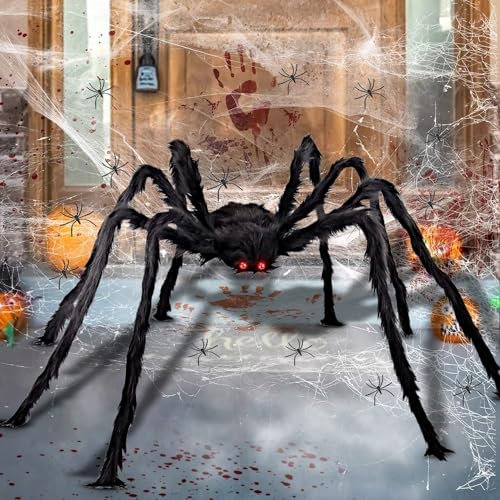 Halloween Spinnen Dekoration,Riesige Schwarze Plüsch Spinnen 200 cm+ 60G Stretch Spinnenweben und 10 STK Fake Spinne, Spinnenrequisiten für drinnen, draußen und Hof,Halloween Party Dekoration,Karneval