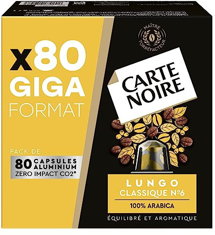 CARTE NOIRE - Capsules de Café Espresso Lungo N°6 Compatibles Nespresso - Café Arabica - Giga Format de 80 Capsules Aluminium - Fabriqué en France
