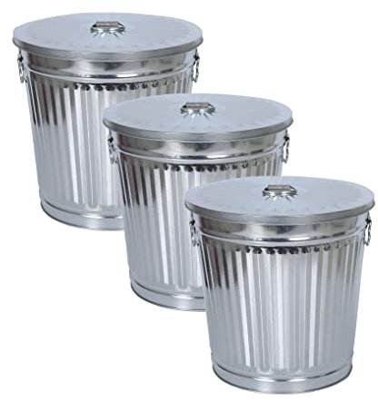 Jinfa 3 Cubos galvanizados Grandes Cenizas Basura Metalica Exterior Jardin con Asas y Tapa | Zinc | Ø 42 cm, Altura 47,5 cm, 62 litros