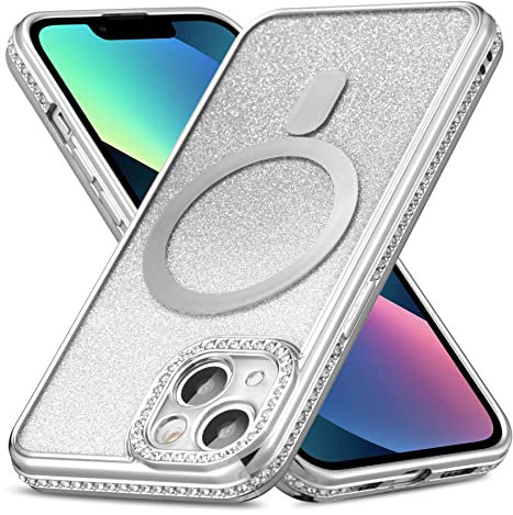 ZCDAYE Case for iPhone 14 Pro Max with Diamond Decorated, iPhone 14 Pro Max Phone Case Compatible with Wirless Charging, Silver Edge Electroplated Soft TPU Case Cover, Silver