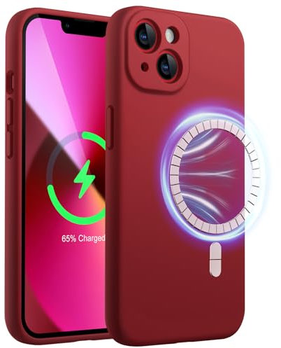 JETech Magnetisch Silikon Hülle für iPhone 13 6,1 Zoll, Kompatibel mit MagSafe, Handyhülle mit Voll Kamera Schutz (Rot)