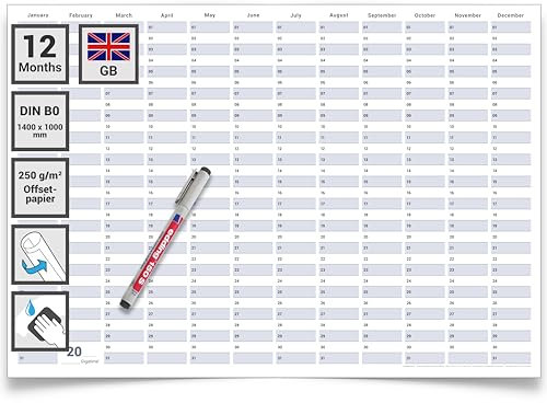 Gigatime Din B0 Dauerkalender Geburtstagskalender Format 140,0 x 100,0 cm mit Marker dauerhaft wiederverwendbarer Jahresplaner feucht abwischbar mit Marker. Englische Monatsangabe