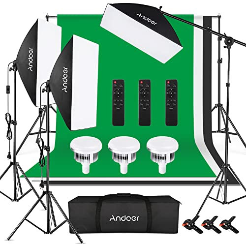 Andoer Softbox Fotostudio Set mit Greenscreen Set, 2 x 3 Meter Fotostudio Hintergrundsystem mit 3 Softbox, 3 X 85W 2800K-5700K Fotolampe für Video Aufnahmen Porträtlfotografie