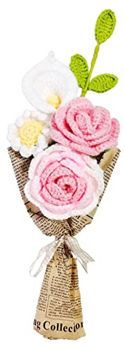 JYCRA Handgefertigter Häkelstrauß, lebensechte künstliche Blumenstrauß, 40 cm, gehäkelte handgefertigte Rosenblumen für Vase, Heimdekoration, Rosa