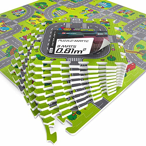 Hop-Sport Puzzlematte Kinder Baby - Spielmatte Stadt & Straßen, 9 -Teile 90,5 x 90,5 x 1 cm, Puzzleteppich, rutschfeste Bodenmatte, Schaumstoff, Krabelmatte, zertifizierter Autoteppich