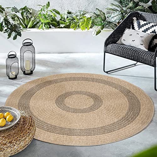 HomebyHome In & Outdoor Teppich Wetterfest Rund 120 cm Schwarz, Sisal und Jute Optik - Wasserfest für Balkon, Küche, Camping, Garten, Terrasse - Waschbare Bordüre Design