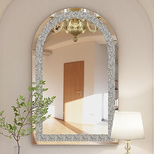 Artloge Spiegel Groß Halbrund 90×60 cm mit Kristall, Dekorative Wandspiegel Bogen Silber Aesthetic Spiegel für Wohnzimmer Schlafzimmer
