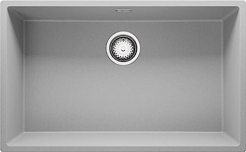 PRIMAGRAN Fregadero Cocina Gris 76x47cm, Granito 1 Seno + Sifón, Sobre encimera al mueble 80cm - London Slim