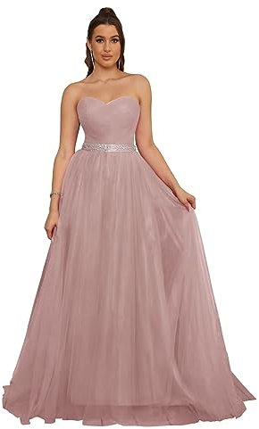PCBROS Robe de Soirée Longue Sexy Robe pour Mariage Cérémonie Princesse avec Traîne Balayage en Tulle sans Manches Rose 42