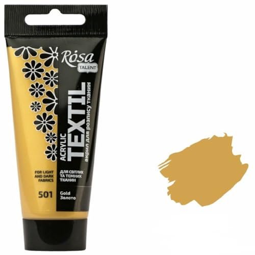 Krevo Art Stoffmalfarben Stofffarben Waschfest Textilfarbe gold Acrylfarbe Wasserbasis | 60ml Tube | Textilfarbe waschmaschinenfest zum Fixieren | Intensiv deckend für helle und dunkle Stoffe