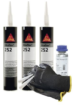 Sikaflex 252 schwarz 3x 300ml Klebstoff mit Primer 215 - für die Verklebung von Stahl und Aluminium mit 5 Düsenspitzen