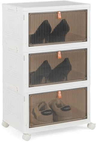 COSTWAY 3-Ebenen Aufbewahrungsboxen mit Deckel und Rollen, Stapelboxen mit magnetischen transparenten Türen, zusammenklappbare Boxen zur Aufbewahrung von Schuhen, Spielzeug, Kleidung