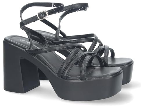 81678-Sandalias de Plataforma para Mujer, Comodas, con Tiras Entrelazadas en la Pala y Cierre de Hebilla, Elegantes Eventos Especiales. Talla 38 Negro