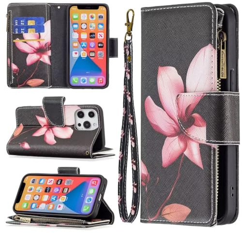 xinyunew Handyhülle für Oppo A74 4G/F19 4G Hülle Klapphülle Case Leder Handytasche Klappbar Tasche Bunt Muster Motiv Kartenfach Handy Hülle Flip Schutzhülle-Kleiner Lotus