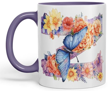 Vixar Letter Z Mug, Floral Flowers Butterfly Alphabet Letter Z Monogram Watercolour Ceramic Coloured Mug Cup for Tea Coffee Hot Brew 330ml 11Oz Gift (Purple)