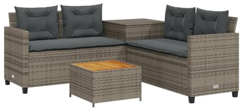vidaXL Gartensofa in L-Form mit Tisch und Kissen Grau Poly Rattan