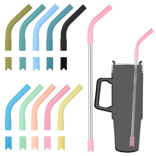 20pcs Silicone Straw Tips and Pedestals for Metal Straws, Including 10 Straw Tips 10 Bases 2 Stainless Steel Straws Silicone Extender Tip for Straw Fit for 8-10mm Diameter Straws for Stanley Cup