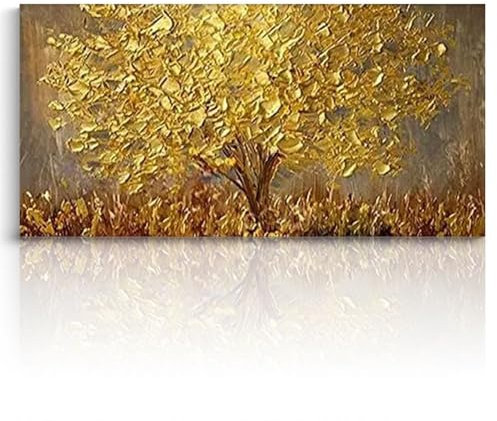 Handgemaltes Goldbaum-Ölgemälde, goldener Baum des Lebens, Leinwand, Wandkunst, Gemälde, Goldbaumgemälde, 3D, handgefertigt auf Leinwand, abstraktes Kunstwerk für Wohnzimmer, Büro, Dekoration, 50 x