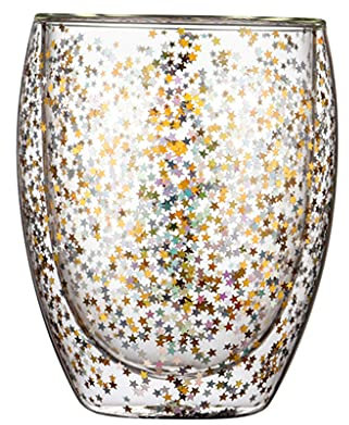 alloneslife Doppelwandige Glasbecher Pailletten Stern für Wunschgläser Tassen Home Party Wein Cocktail Kaffee Milchglas 240 ml