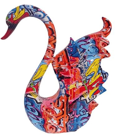 Milageto Schwanenfigur Statue mit Graffitimotiv, Figur Deko Schwanen, Dekoskulptur Skulptur Schwanenstatue Harz, Schwanendekofiguren für Wohnzimmer, Bücherregal, Spukhaus, Schwanen A
