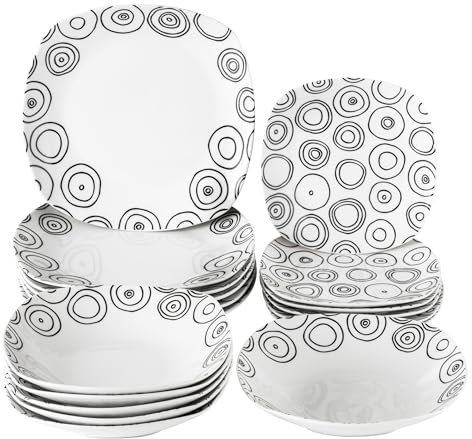 Baroni Home Service d'assiettes de 18 pièces en porcelaine et grès, servi de table colorée pour 6 personnes, assiette creuse, assiette, fruits ou sucrés (cercles noirs)