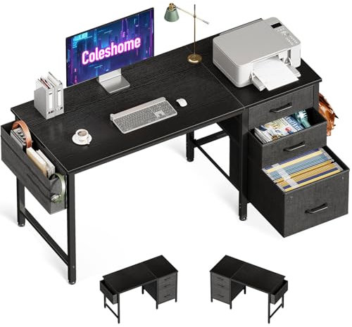 Coleshome Scrivania con 3 Cassetti in Tessuto, Scrivania Salvaspazio con Portacuffie e Borsa Portaoggetti, Scrivania Computer Reversibile per Piccolo Ufficio in Casa (Nero, 120x48cm)