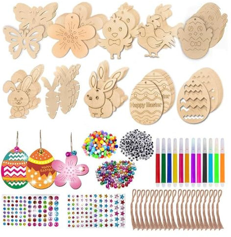 Probuk HolzanhäNger Zum Bemalen,Ostern Basteln Holz,Streudeko,264pcs Diy Basteln Zum Bemalen,Mit 60 Schnur,12 Aquarellstift,60-Teilige Diy-HolzanhäNger,Osterhase Ostereier KüKen,FüR Osterdekorationen