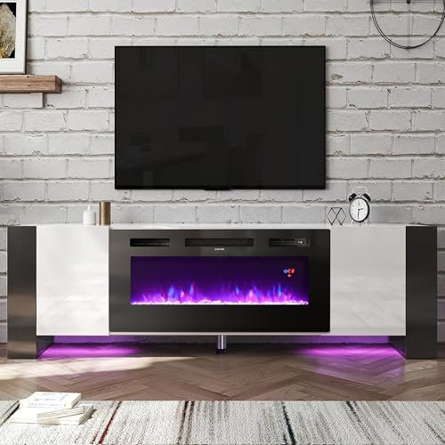 INMOZATA Electric Fire Insert TV Stand, Entertainment Center Console Table with 36 Fireplace, for 78 TV, with 12Colors Realistic Flame Effect & 12Colors Moon Lights, Overheat Protection, White