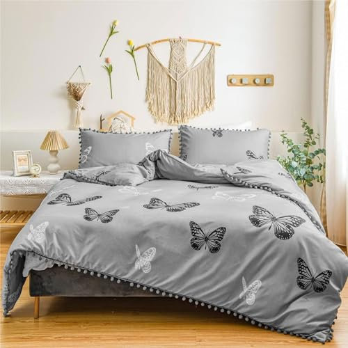 Freyamy Bettwäsche 200x220cm 3teilig Grau Hellgrau Schwarz Schmetterling Pompons Romantisch Bettwaren-Sets Microfaser Mädchen Bettbezug mit Reißverschluss und 2 Kissenbezug 80x80cm
