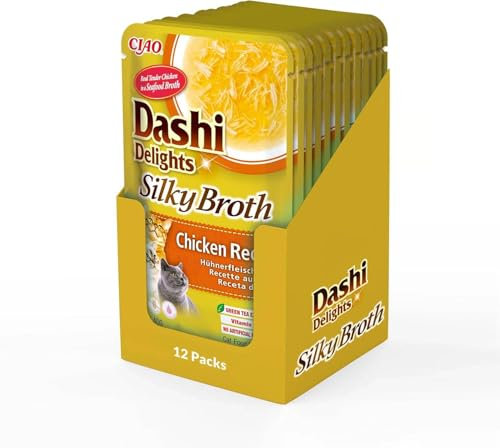 INABA Dashi Delights Katzenfutter Nass mit 93% Feuchtigkeit und 17% Hühnerfleisch in Silky Broth, Köstliche Katzenleckerlis die Ihre Katze mit Flüssigkeit versorgen 40 g (12er Pack)