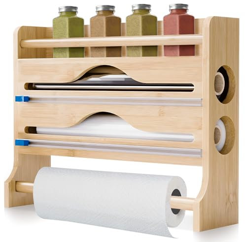 JUPPLIES Portarrollos Papel Cocina 3 en 1 – Soporte Rollo Papel Cocina, Dispensador Papel Aluminio y Film con Cortador Integrado – Porta Rollos de Papel Cocina de Bambú para Montaje en Pared
