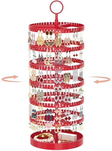 iDavosic.ly 6 Tier Rotating Earring Holder Organizer with Metal Tray, Adjustable Plastic Earring Display Stands Tree with 342 Grooves, Large Earring Storage Rack Tower for Hoop Dangle, Red