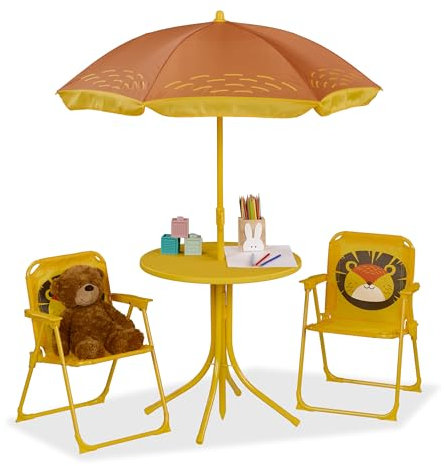 Relaxdays Camping Kindersitzgruppe, Löwe Motiv, Kindersitzgarnitur mit Sonnenschirm, Klappstühlen & Tisch, Garten, gelb