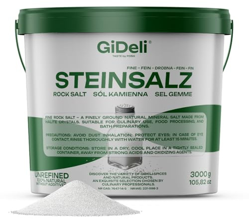 GiDeli Steinsalz Fein 3 kg im Eimer - Ursalz, Unraffiniert, Ohne Zusätze | neutral im Geschmack, ohne Rieselhilfe, zum Kochen, Backen und Einlegen, wiederverschließbarer Deckel, vegan