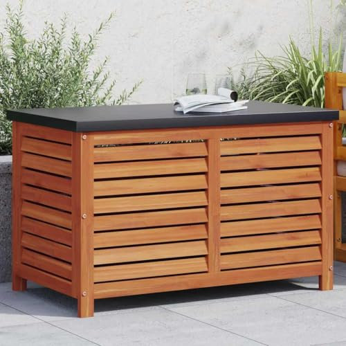 Makastle Gartenbox mit Metalldeckel und Gasdruckfedern, Aufbewahrungsbox Wasserdicht für Balkon und Terrasse, 90x48x55 cm Massivholz Eukalyptus Braun