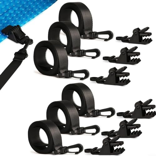 Sandyseptember Swimming Pool Cover Roller Strap System With Heavy Duty Nylon Belt For Solar Blanket 69.48 Inch(Clamp 6 + Rope 6)