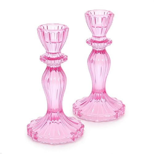 2pcs Vintage Pink Coloured Glass Tall Candle Holders Candlestick Holders Pillar Holders (Pink)