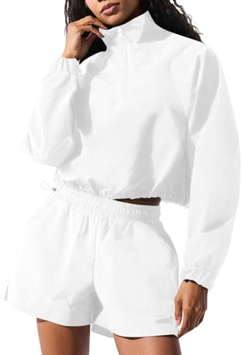 LACOZY Women's Lightweight Zip Up Jacket Workout Athletic Crop Top Cropped Pullover Windproof Outdoor Gym Shirts White S